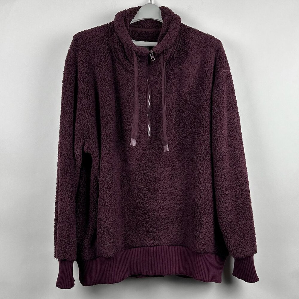 Members Mark Cozy Sherpa Pull Over Jacket Hoodie XL Plush Plum Quarter Zip-Up
